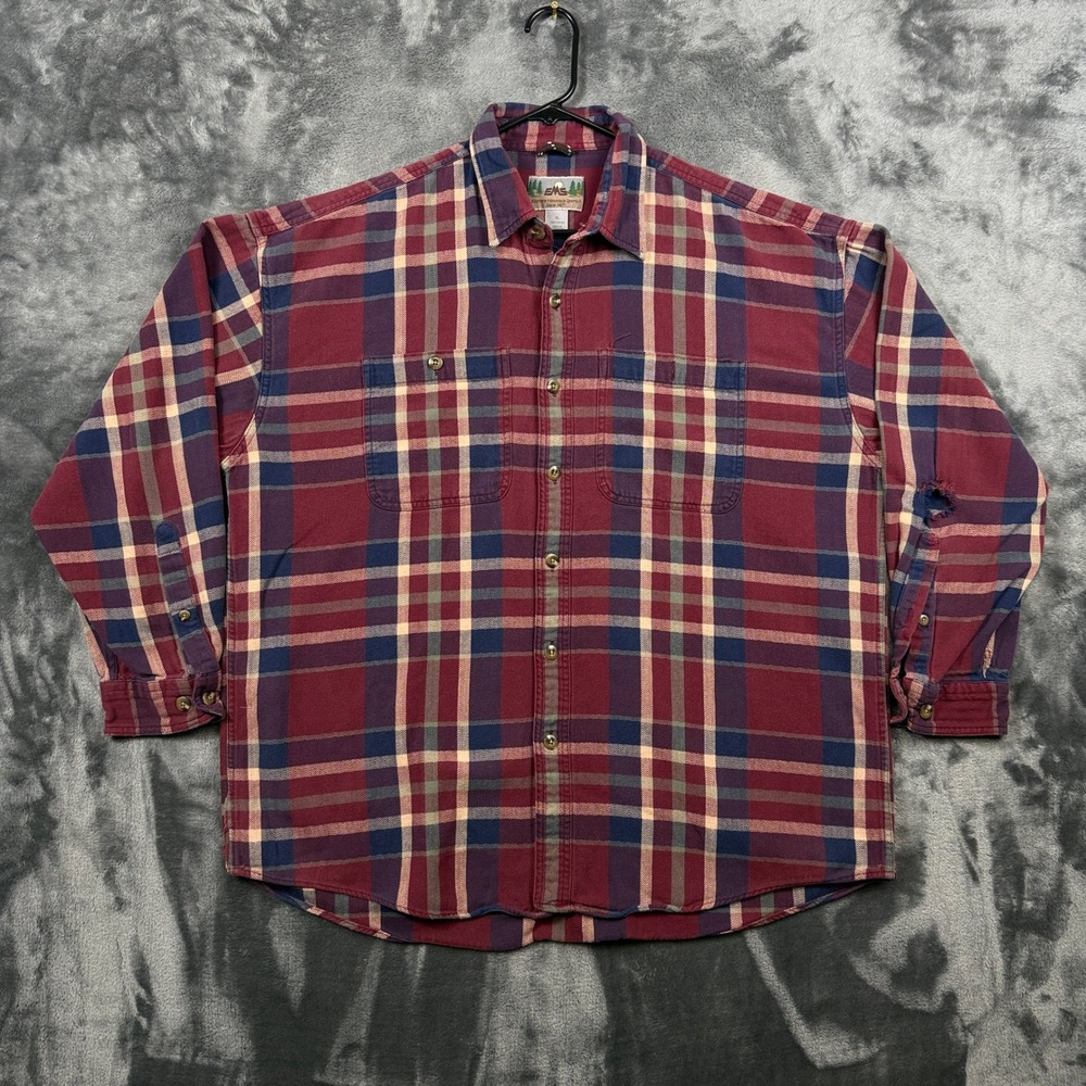 EMS Flannel Shirt Mens XL Burgundy Blue Plaid Long Sleeve Heavy Cotton
